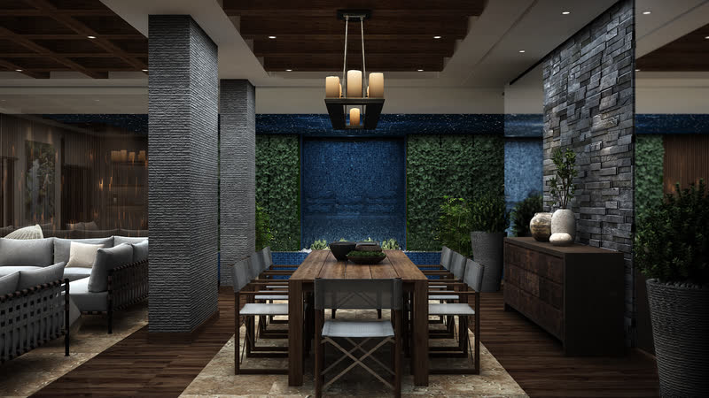 Commercial dining area framed by a living green wall