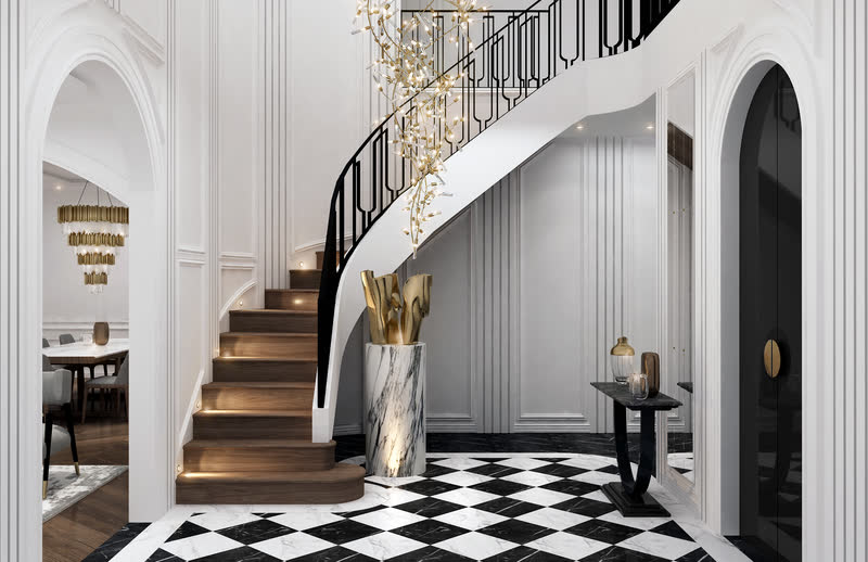 Curved staircase above a chequerboard marble floor