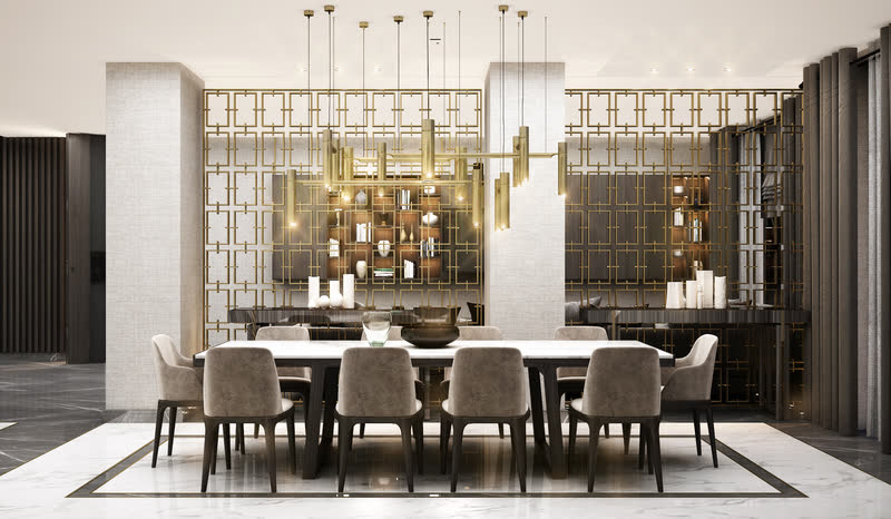 Formal dining room beneath a brass-framed pendant installation