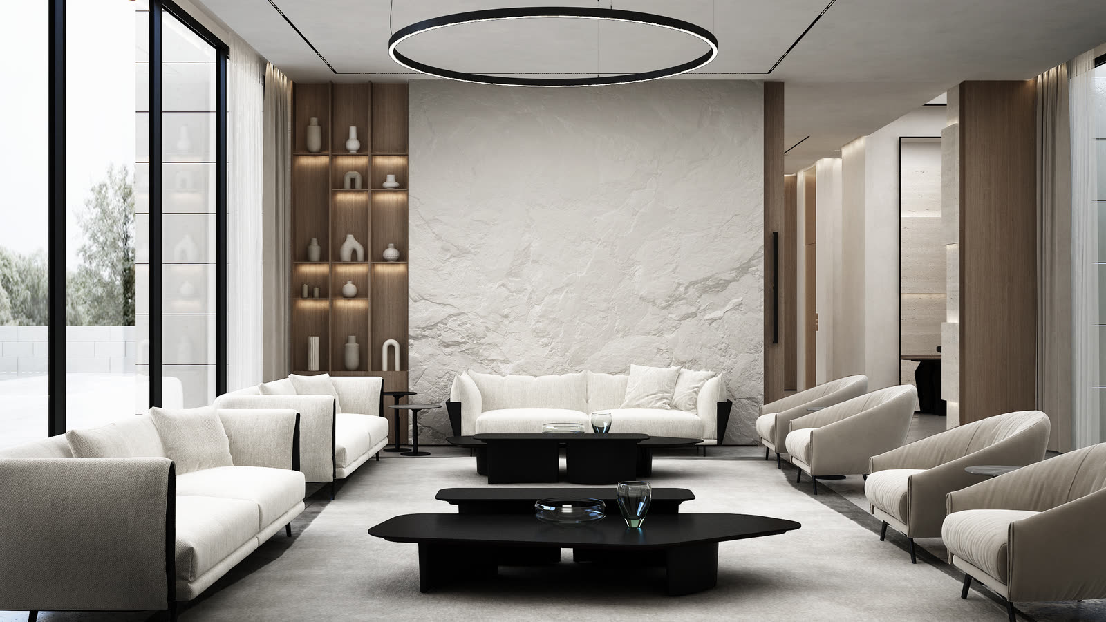 Living room with a full-height marble feature wall and pale sculptural seating